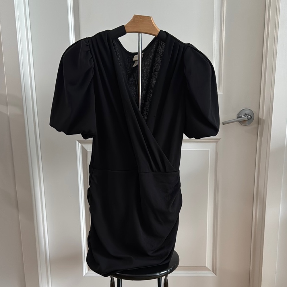 H&M Black Ruched Puff Sleeve Cocktail Dress